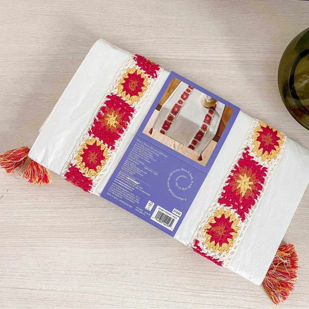 NEW Wild Sage Delaney Crochet Table Runner with Tassels 14 in x 90 in